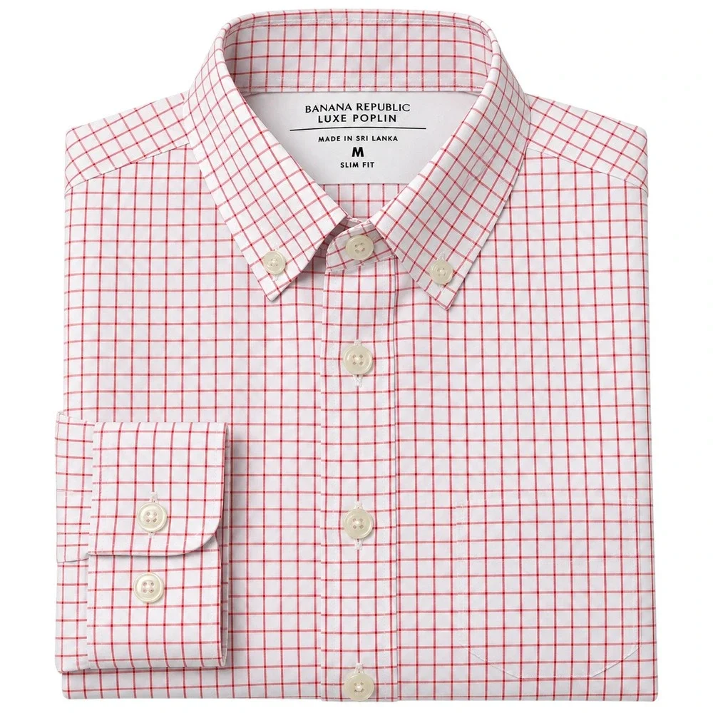Banana Republic Luxe Poplin Slim Fit Dress Shirt Red White Windowpane Check M